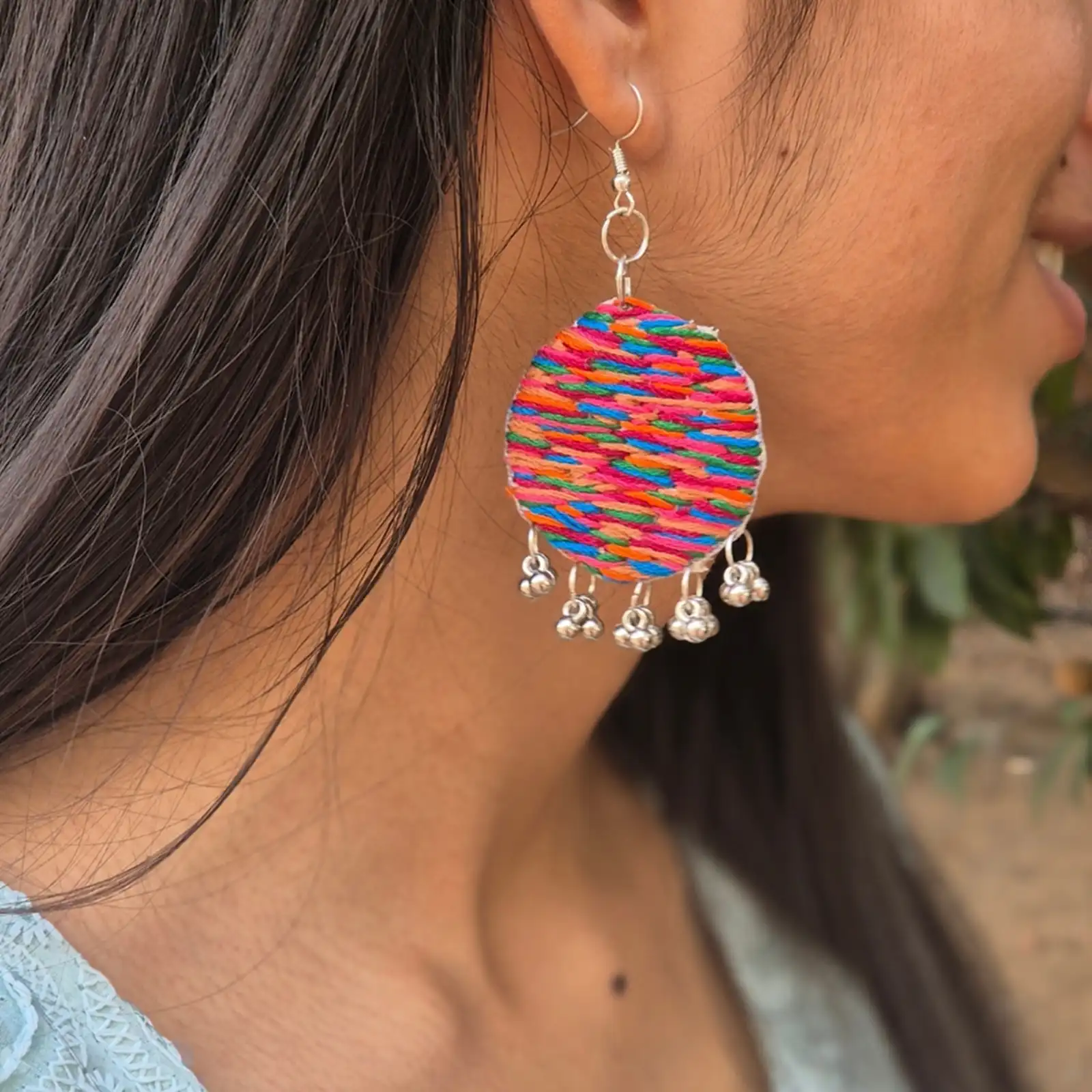 Multicolor- Embroidered Fabric Earrings 