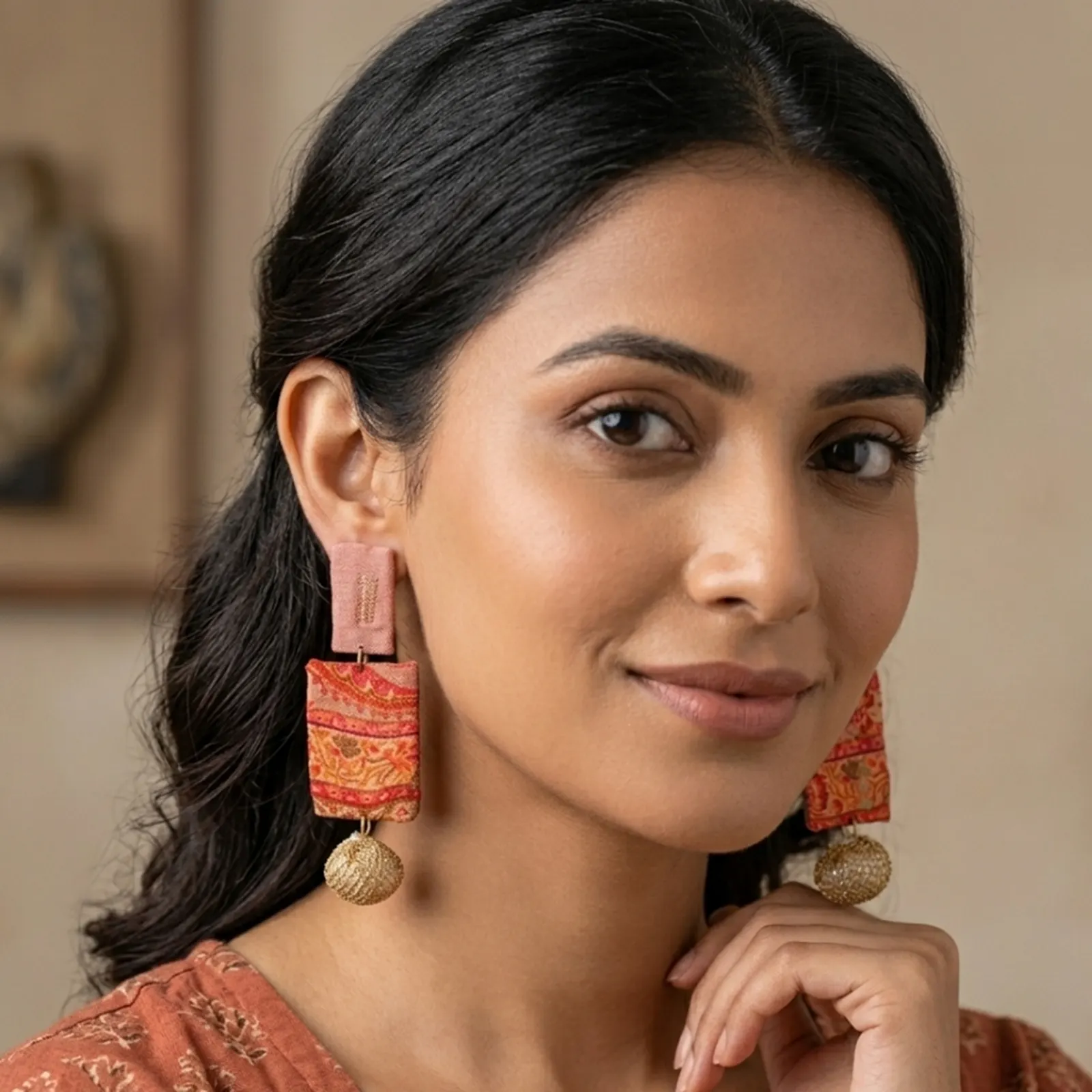 Red Multicolor fabric earrings