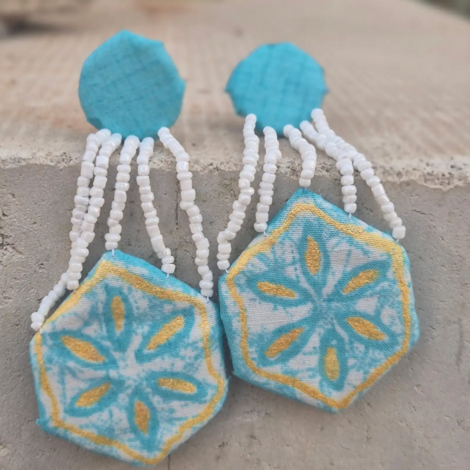 Sky blue color beaded fabric earrings 