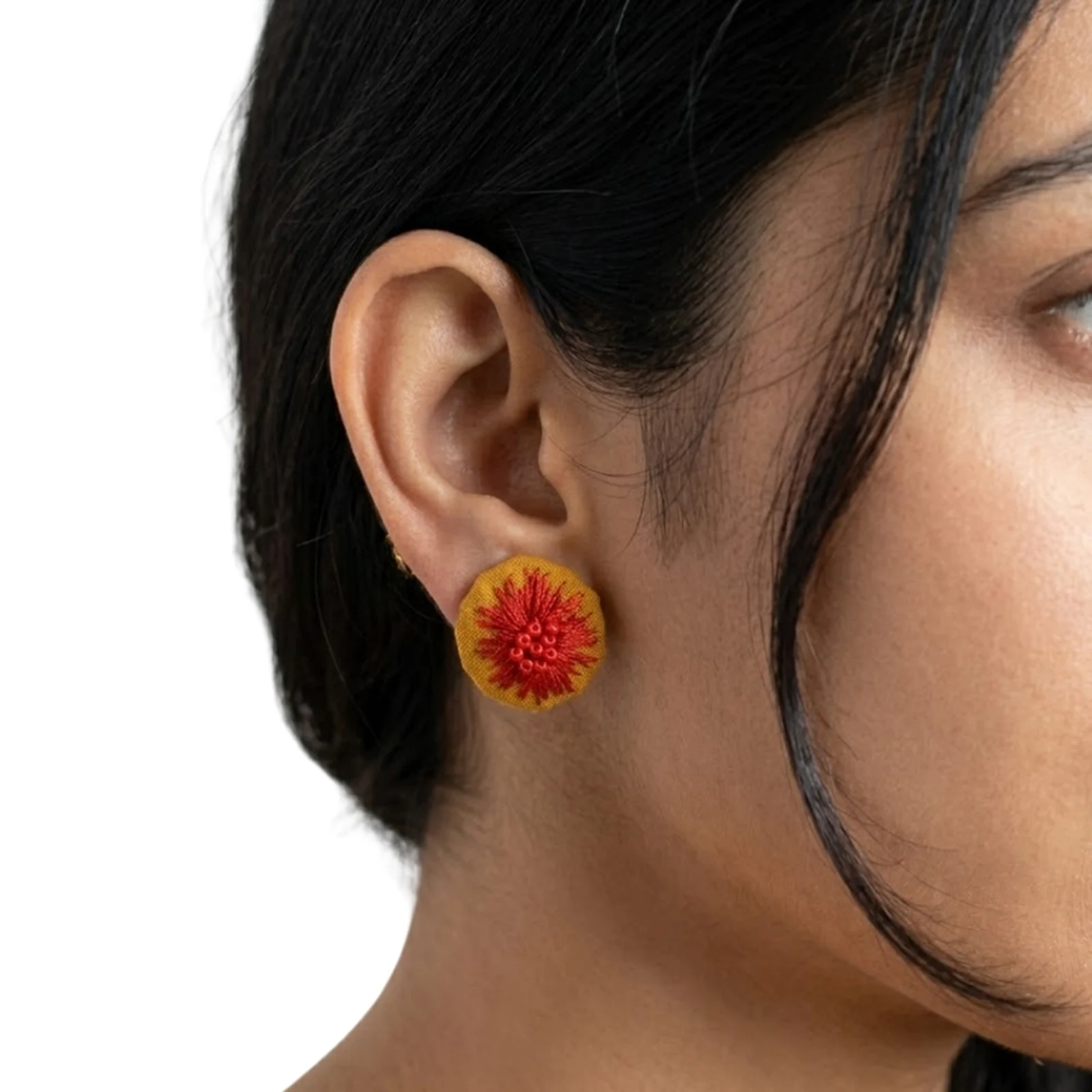 Red Beaded- Embroidered Fabric Earrings 