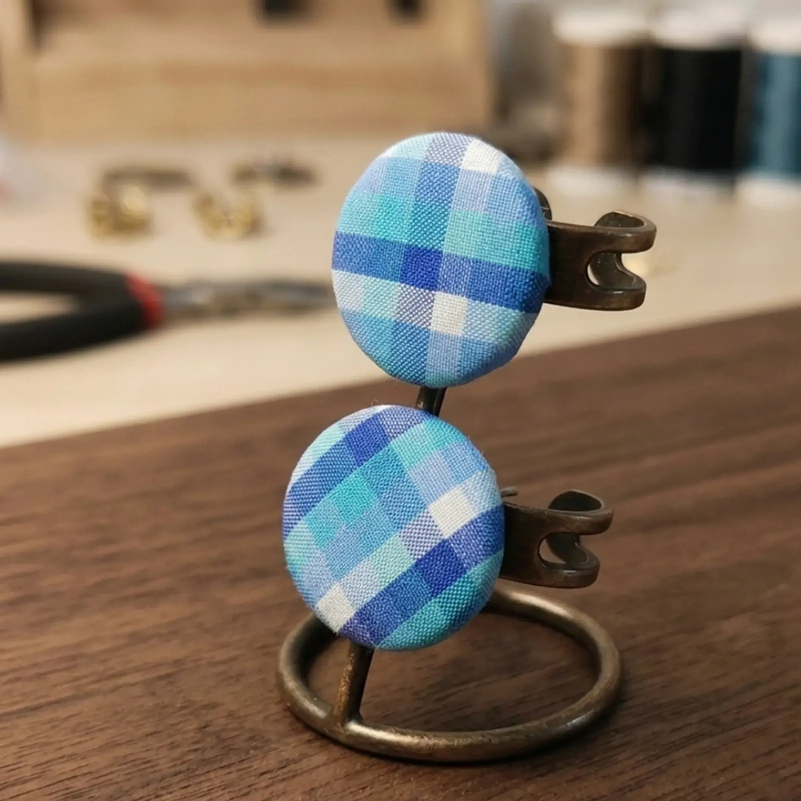 Blue Checked fabric earrings 