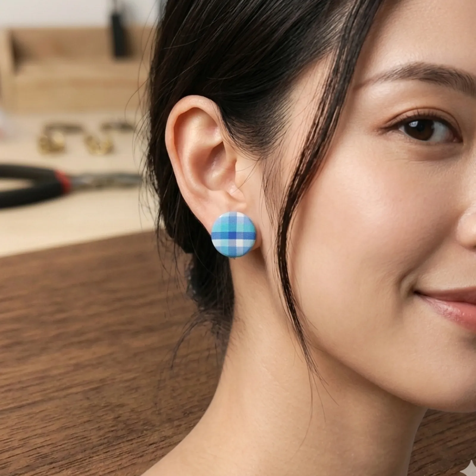 Blue Checked fabric earrings 